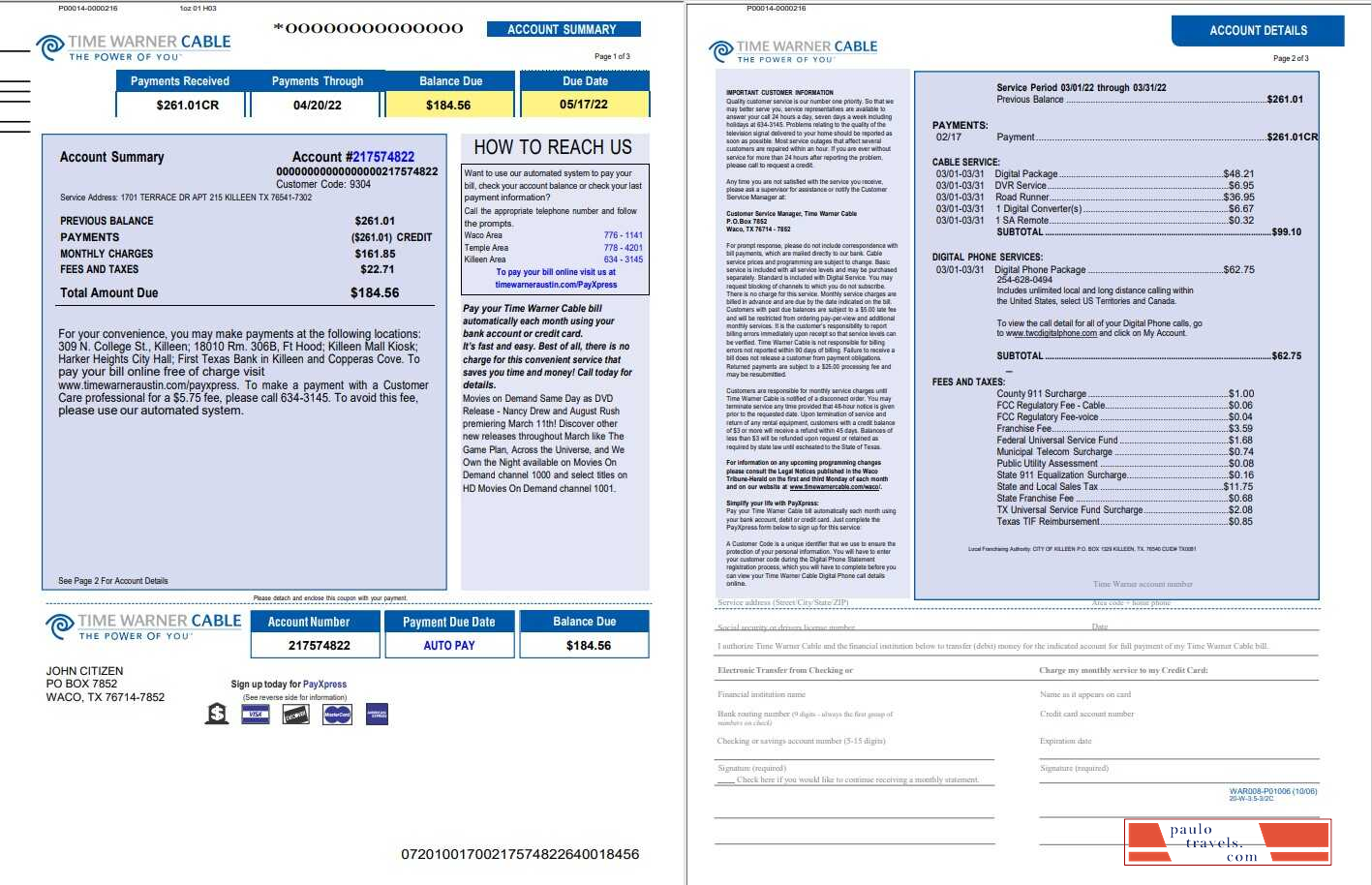 USA Time Warner Cabel utility bill, Word and PDF template, 3 pages 1 2